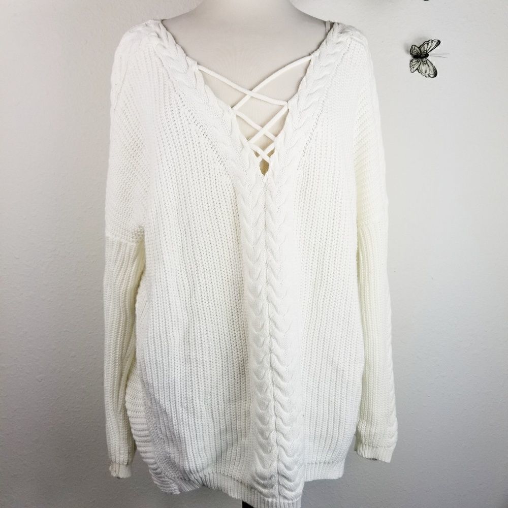 One Hart oversized cream sweater with criss cross